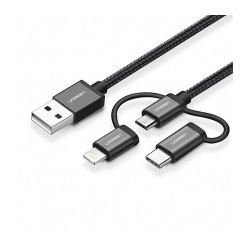 Cable UGREEN 3 en 1, USB-A a Micro USB/USB-C/Lightning, 1m, Negro - 80326