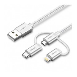 Cable UGREEN 3 en 1, USB-A a Micro USB/USB-C/Lightning, 1m, Blanco - 80825